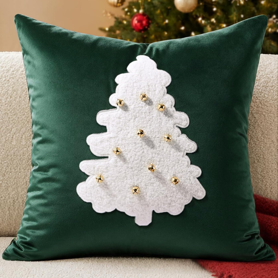 Tufted Chenille Christmas Pillow Cover, 18 x 18-Inch, Green