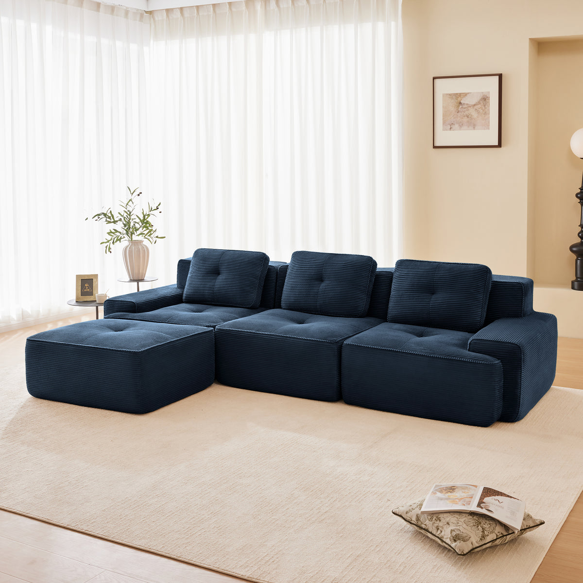 117-Inch L-Shaped Corduroy Sectional with Ottoman, Blue