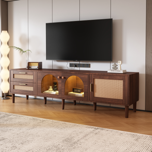 Rattan LED TV Stand for TVs up to 80 in, Dark Brown