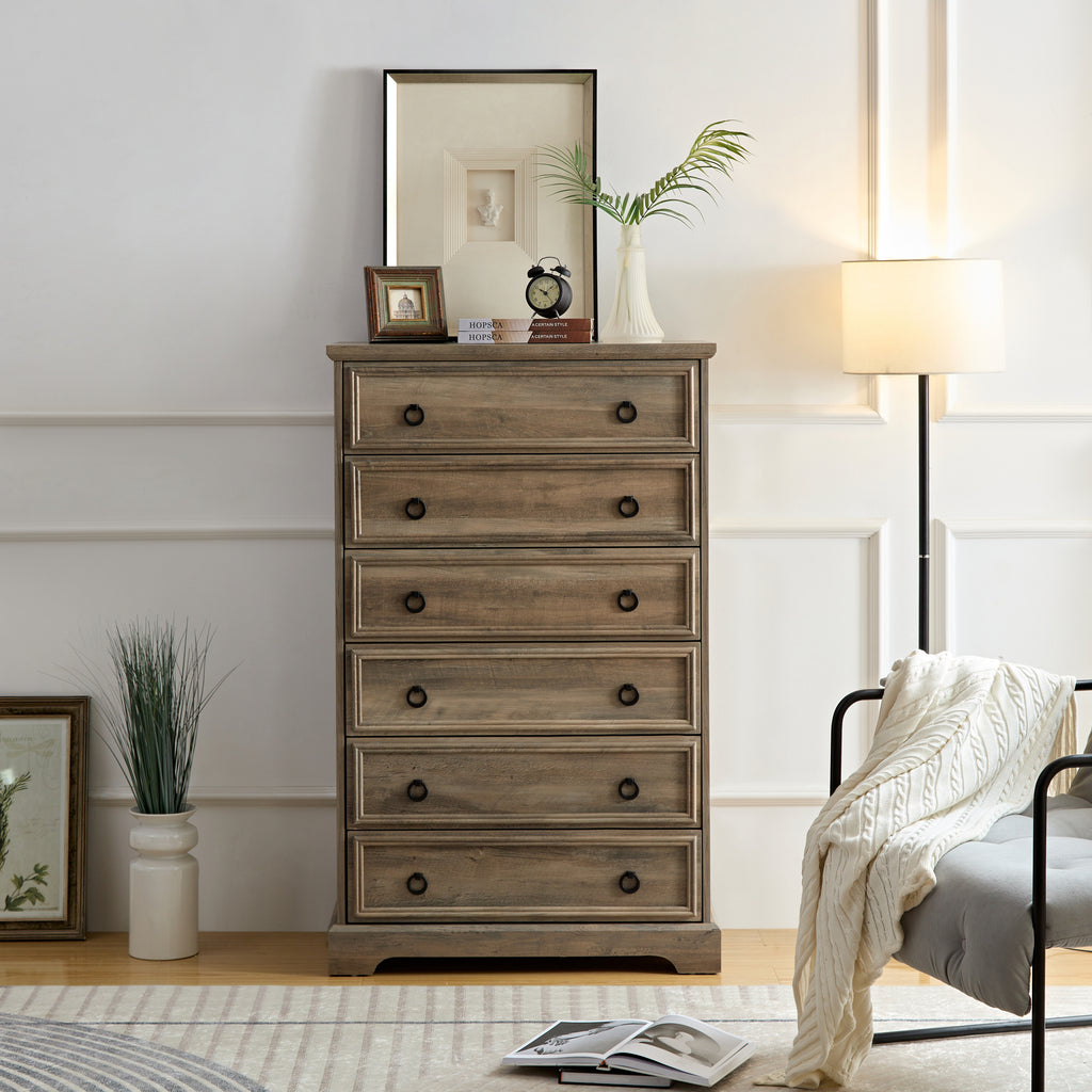Tall 6-Drawer Dresser with Textured Borders, Gray Wash