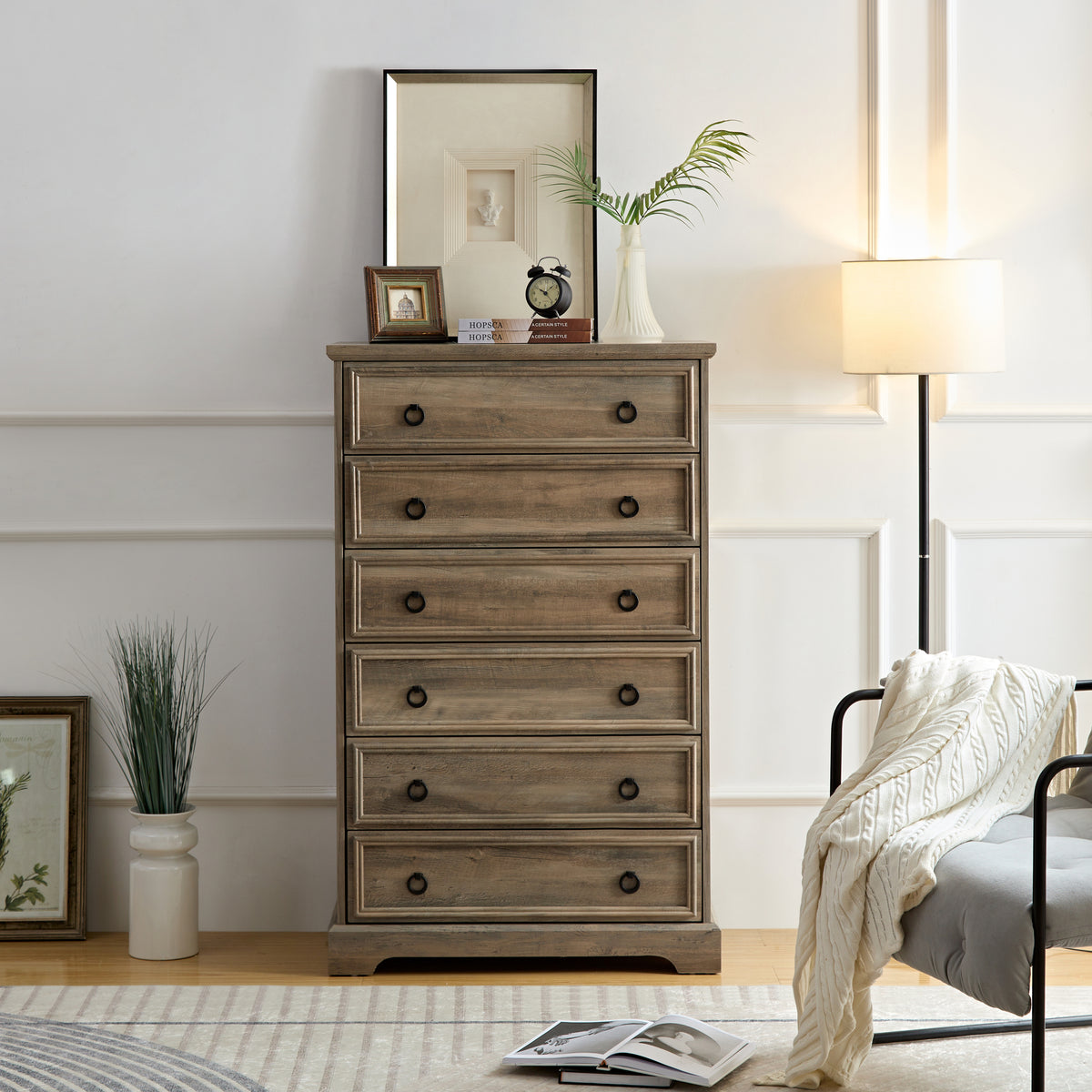 Tall 6-Drawer Dresser with Textured Borders, Gray Wash