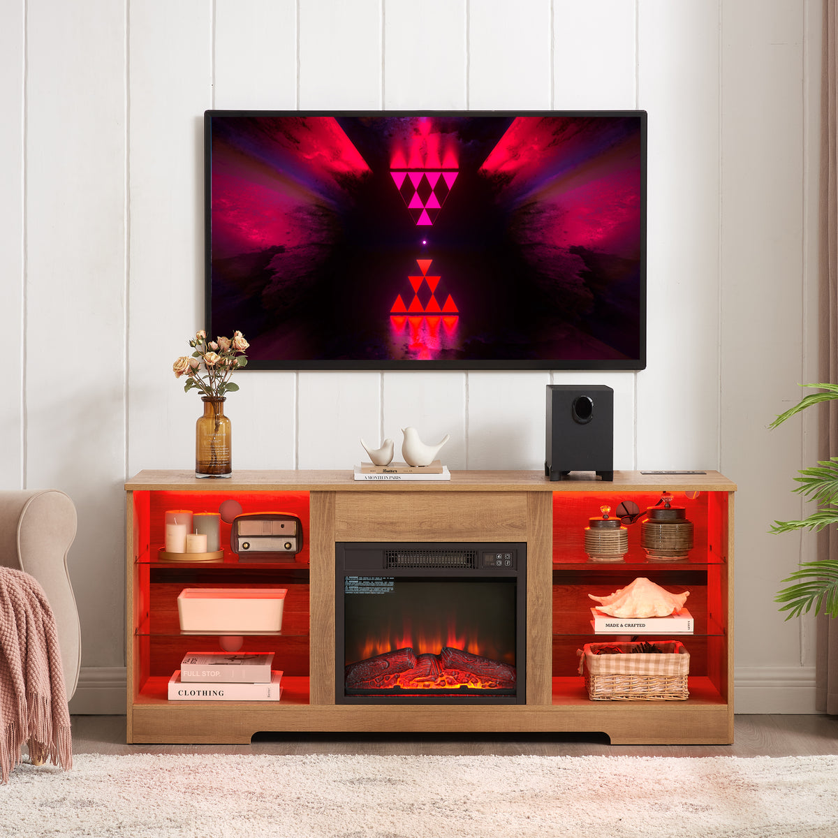 Electric Fireplace TV Stand with LED Lights, Oak