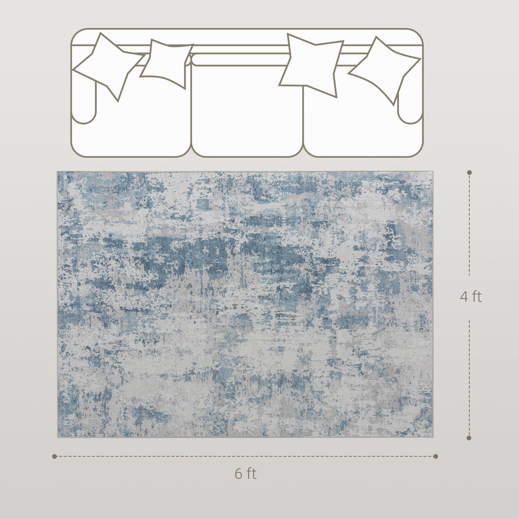 Washable Abstract Area Rug, 4 x 6 ft, Blue