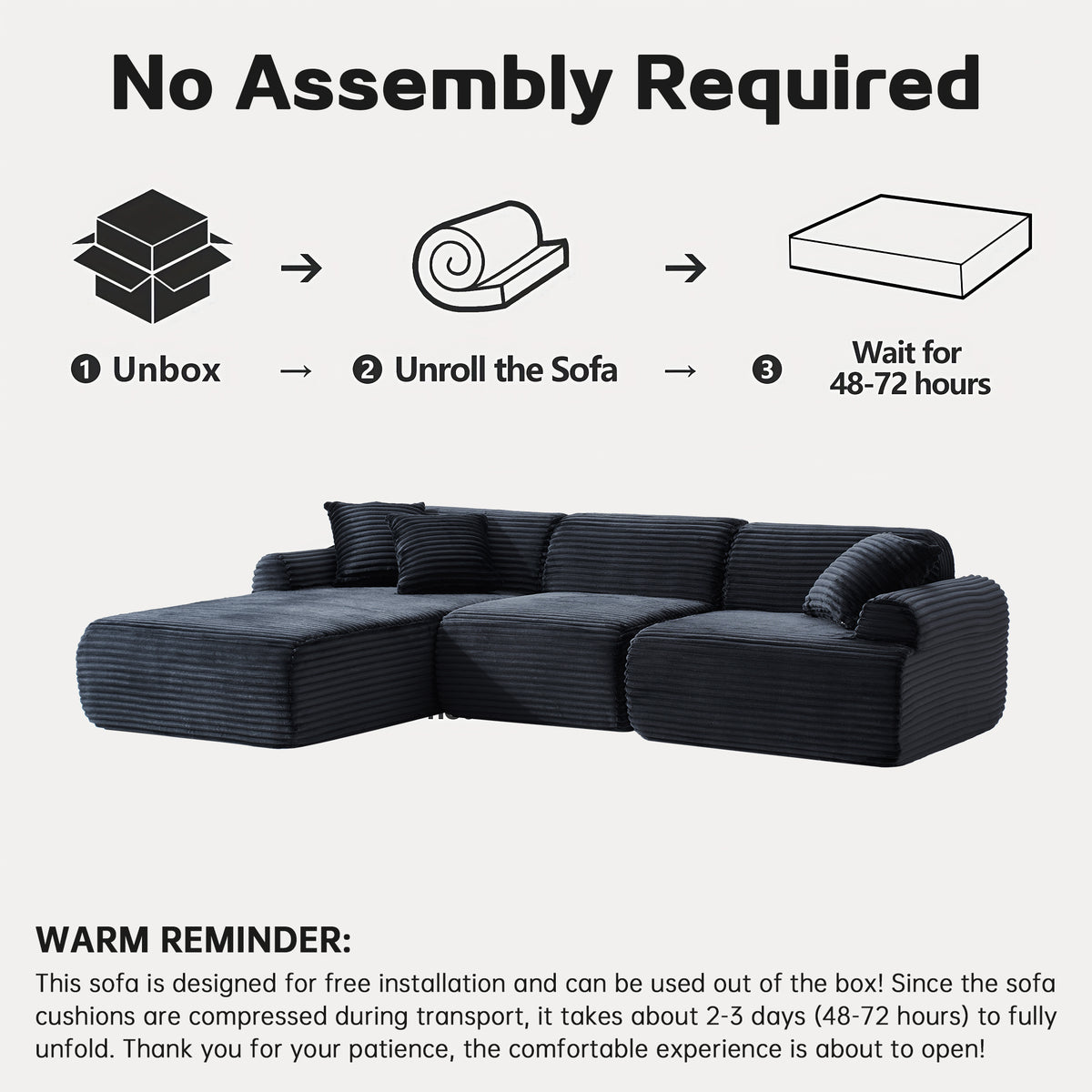 105-Inch Compressed Modular Sectional with Washable Cover, Black