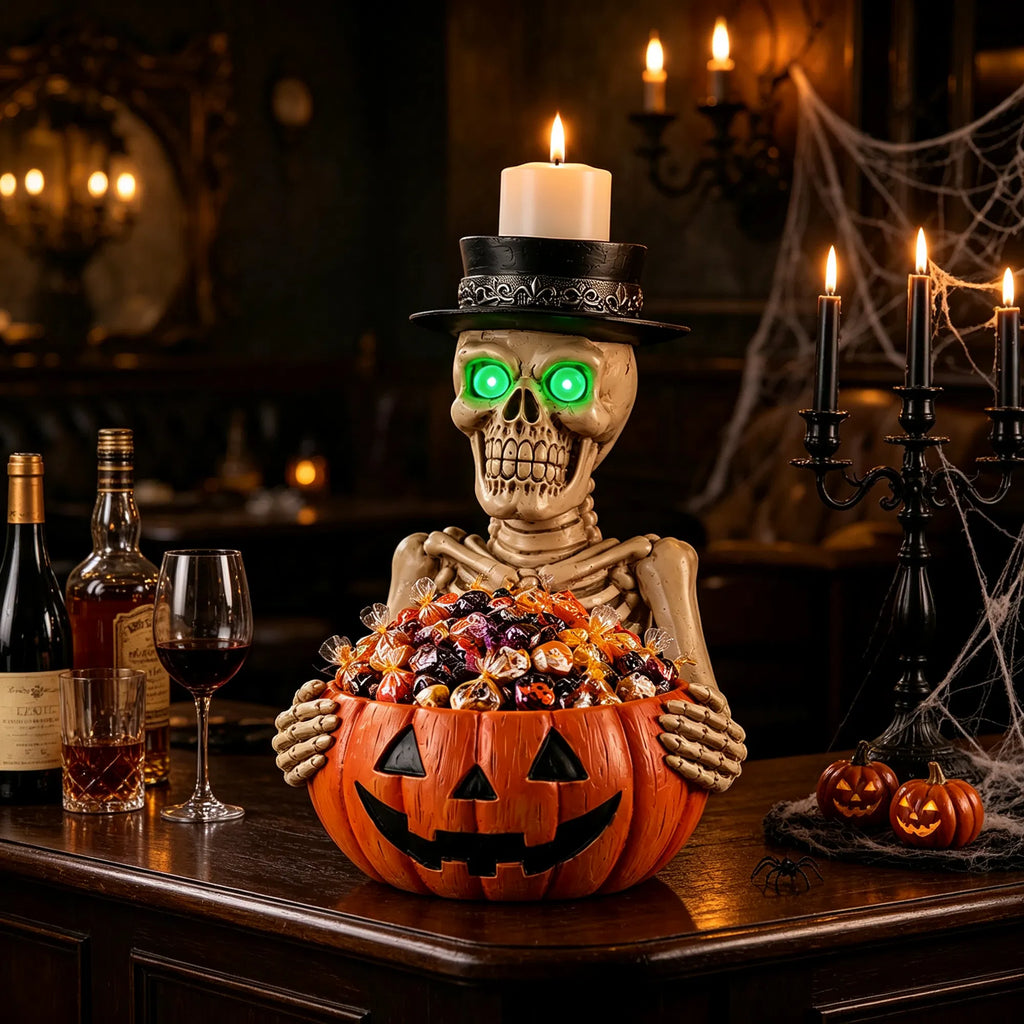 Skeleton Candy Dish with Glowing Green Eyes