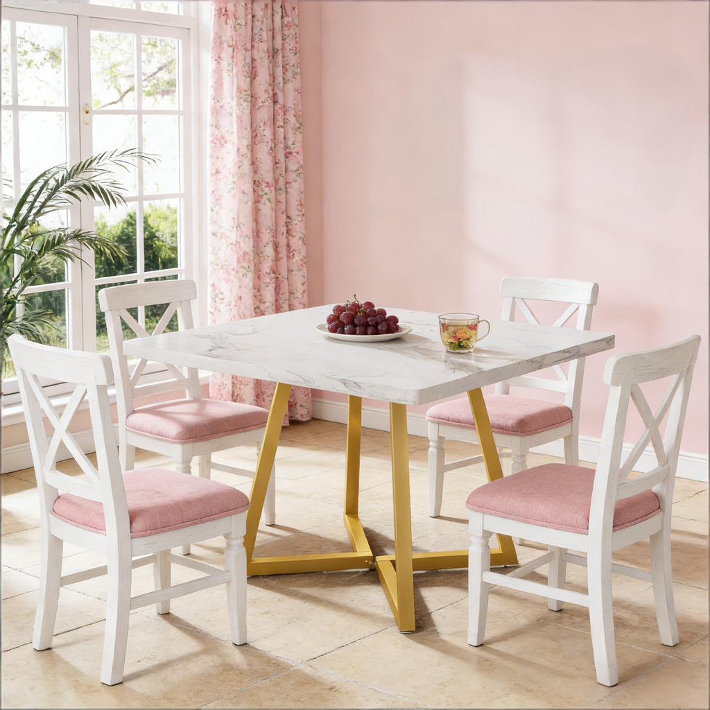 Vintage Square Dining Table, Gold and White