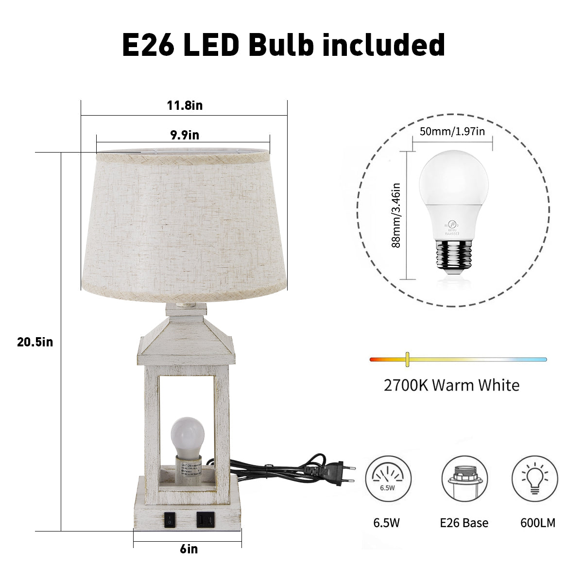 20.5-Inch Industrial Table Lamps with USB Ports, Set of 2