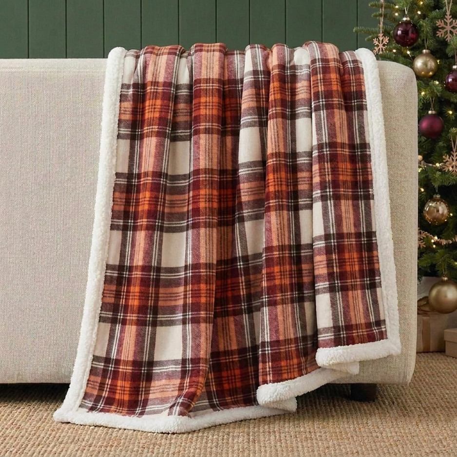 Reversible Sherpa Throw Blanket, 50 x 60-Inch, Red Plaid