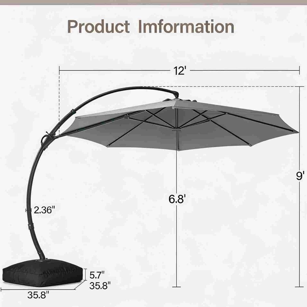 12 ft Round Cantilever Patio Umbrella with Base