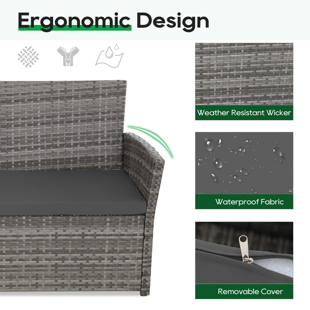 4-Piece Rattan Patio Conversation Set with Glass Table, Grey