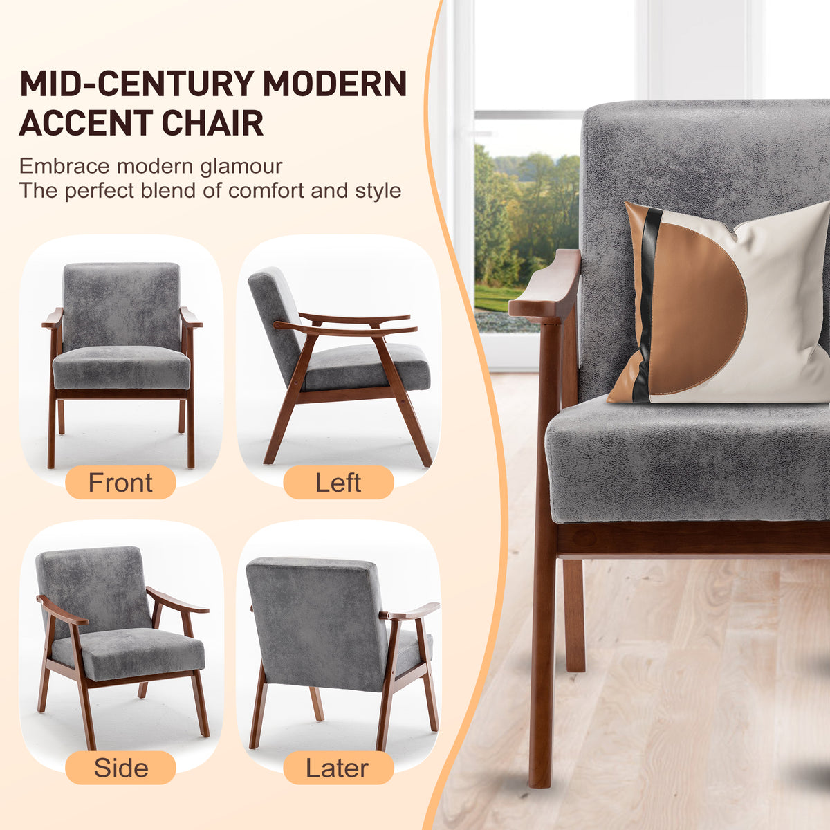 Mid-Century Wingback Accent Chair, Grey