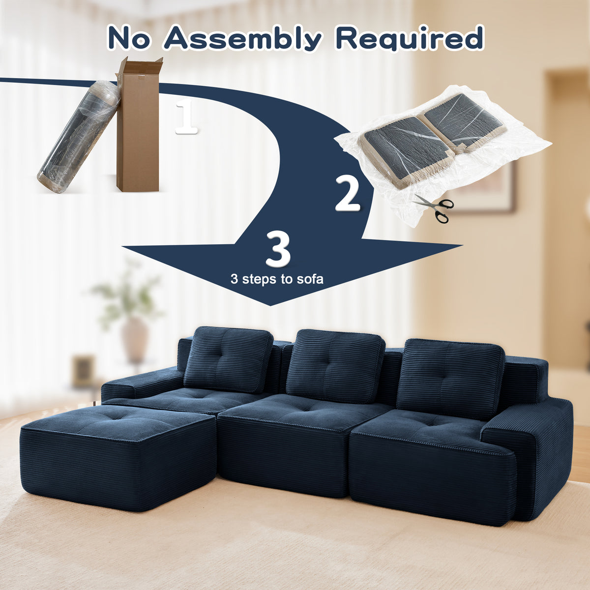 117-Inch L-Shaped Corduroy Sectional with Ottoman, Blue