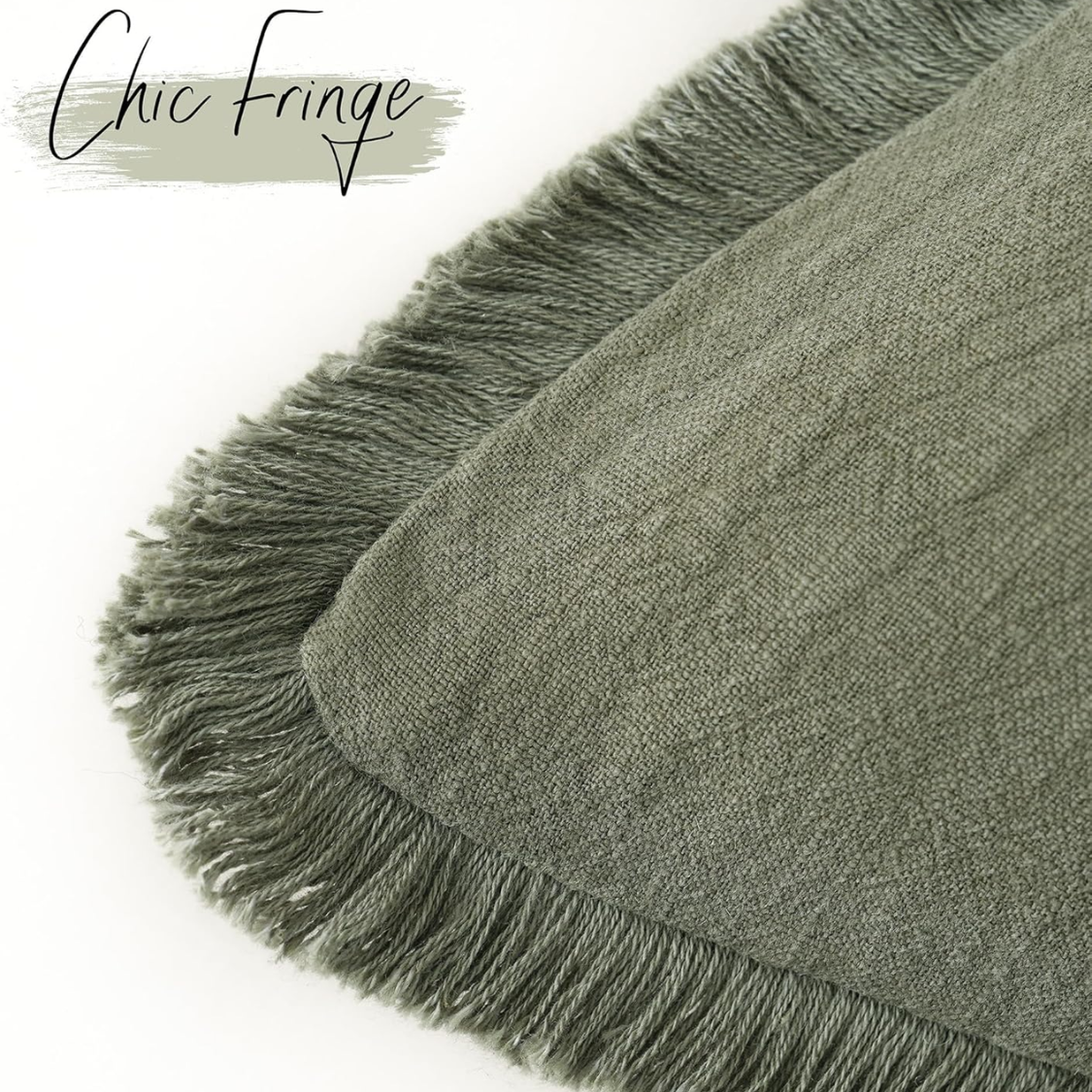 Linen Fringe Throw Pillow Cover, 18 x 18-Inch, Olive Green