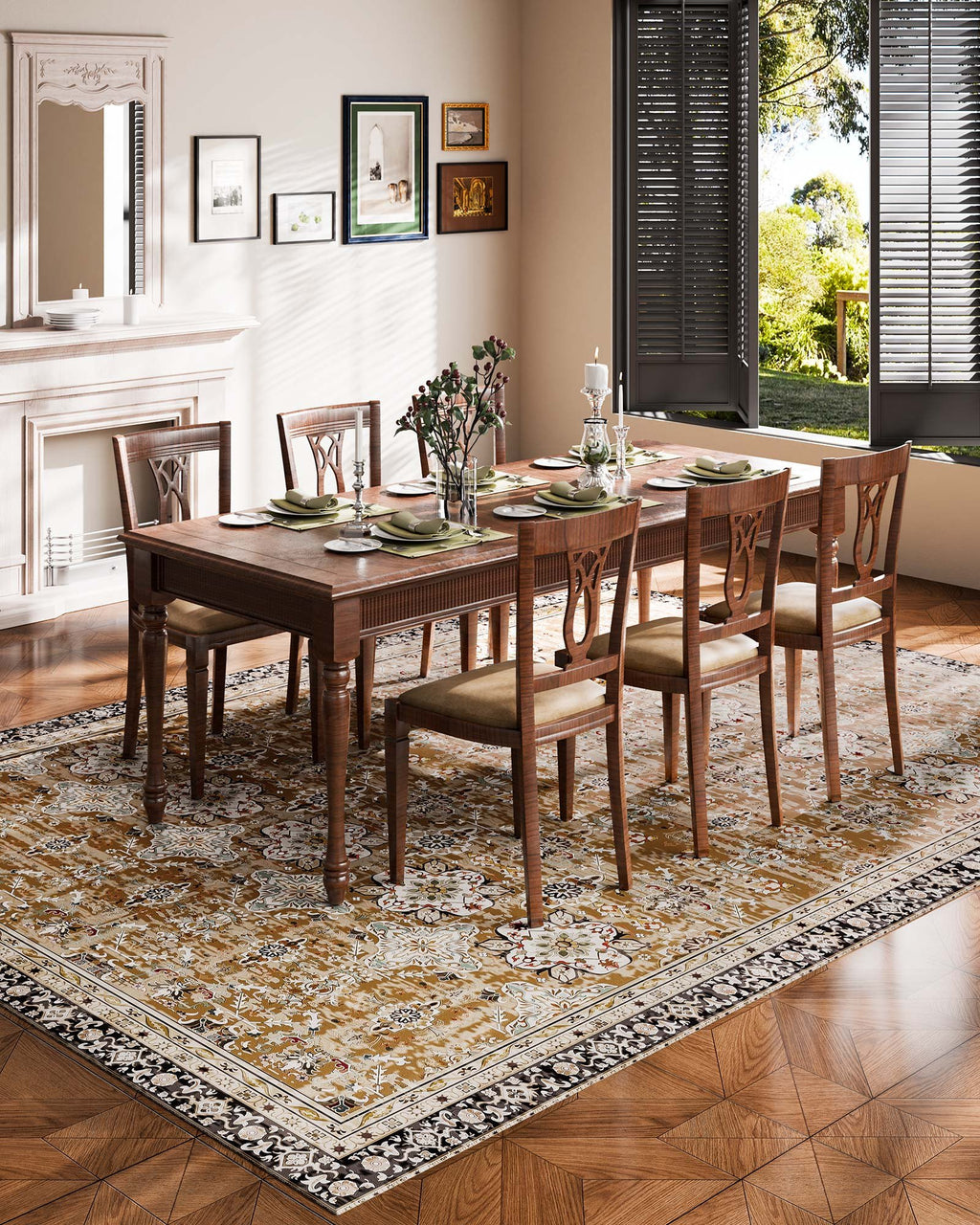 Washable Vintage Area Rug, 9 x 12 ft, Brown Green