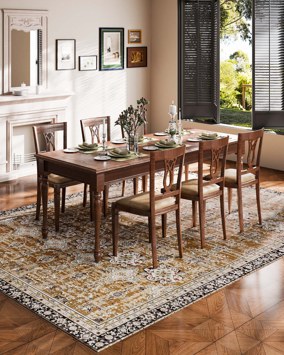 Washable Vintage Area Rug, 9 x 12 ft, Brown Green