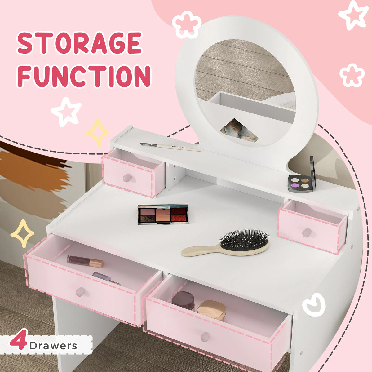 Kids' Vanity Set with Mirror, Stool and Drawers, White