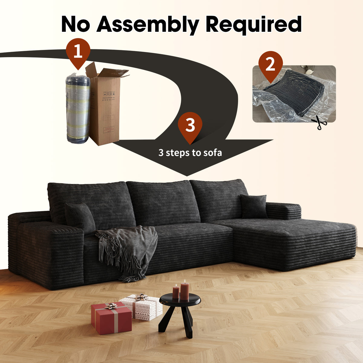 107-Inch Corduroy Cloud Sectional with Chaise, Black