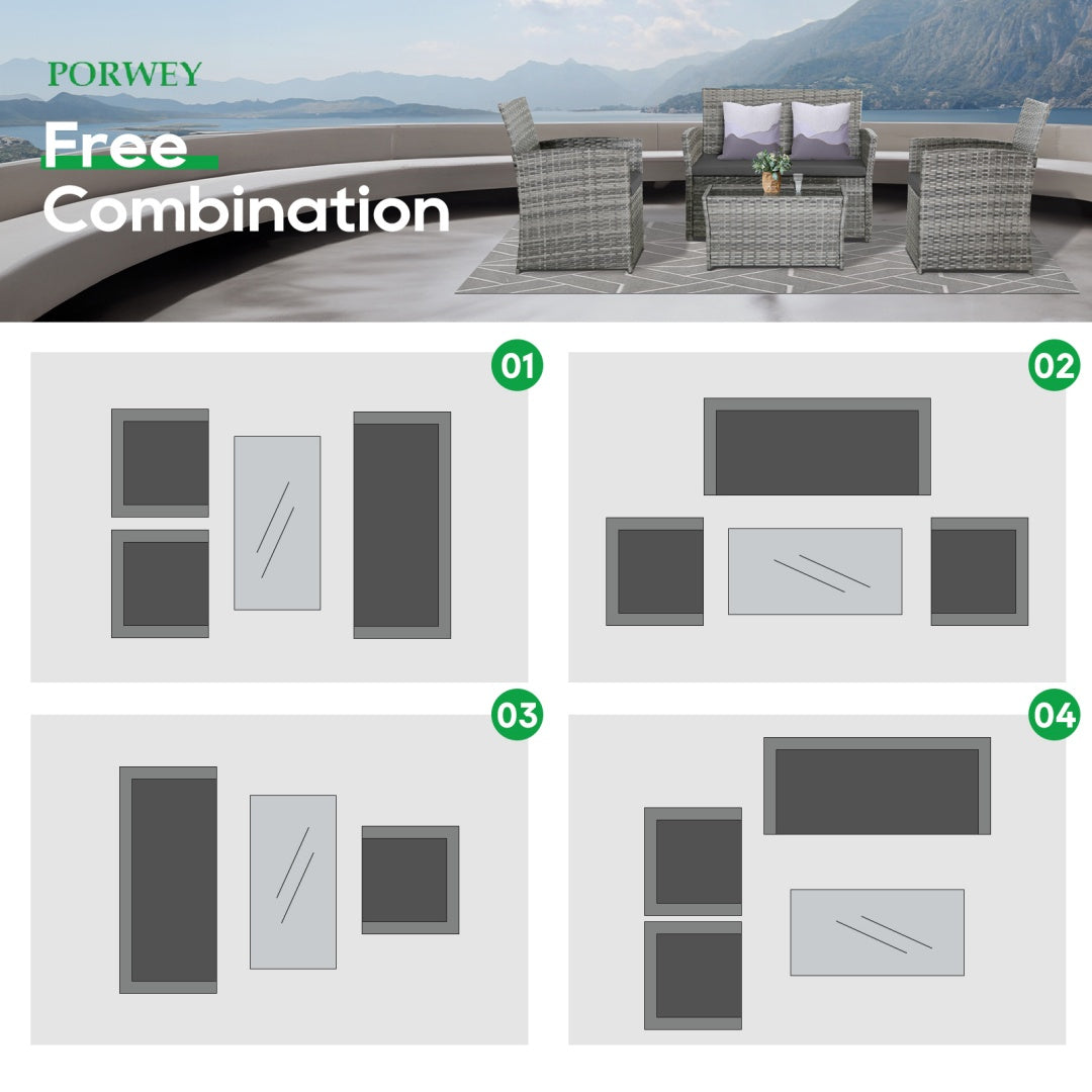 4-Piece Rattan Patio Conversation Set with Glass Table, Grey