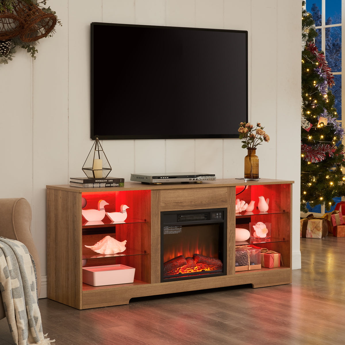 Electric Fireplace TV Stand with LED Lights, Oak