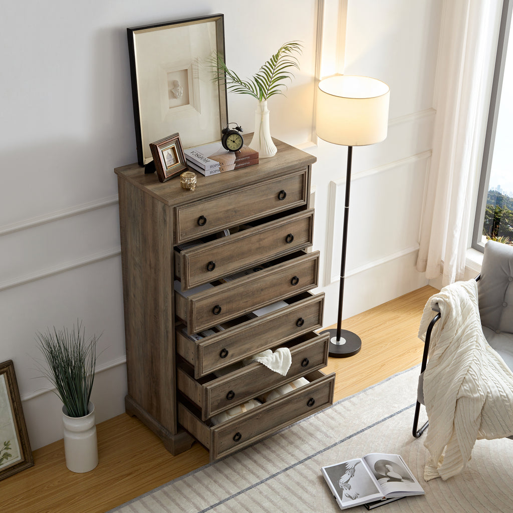 Tall 6-Drawer Dresser with Textured Borders, Gray Wash