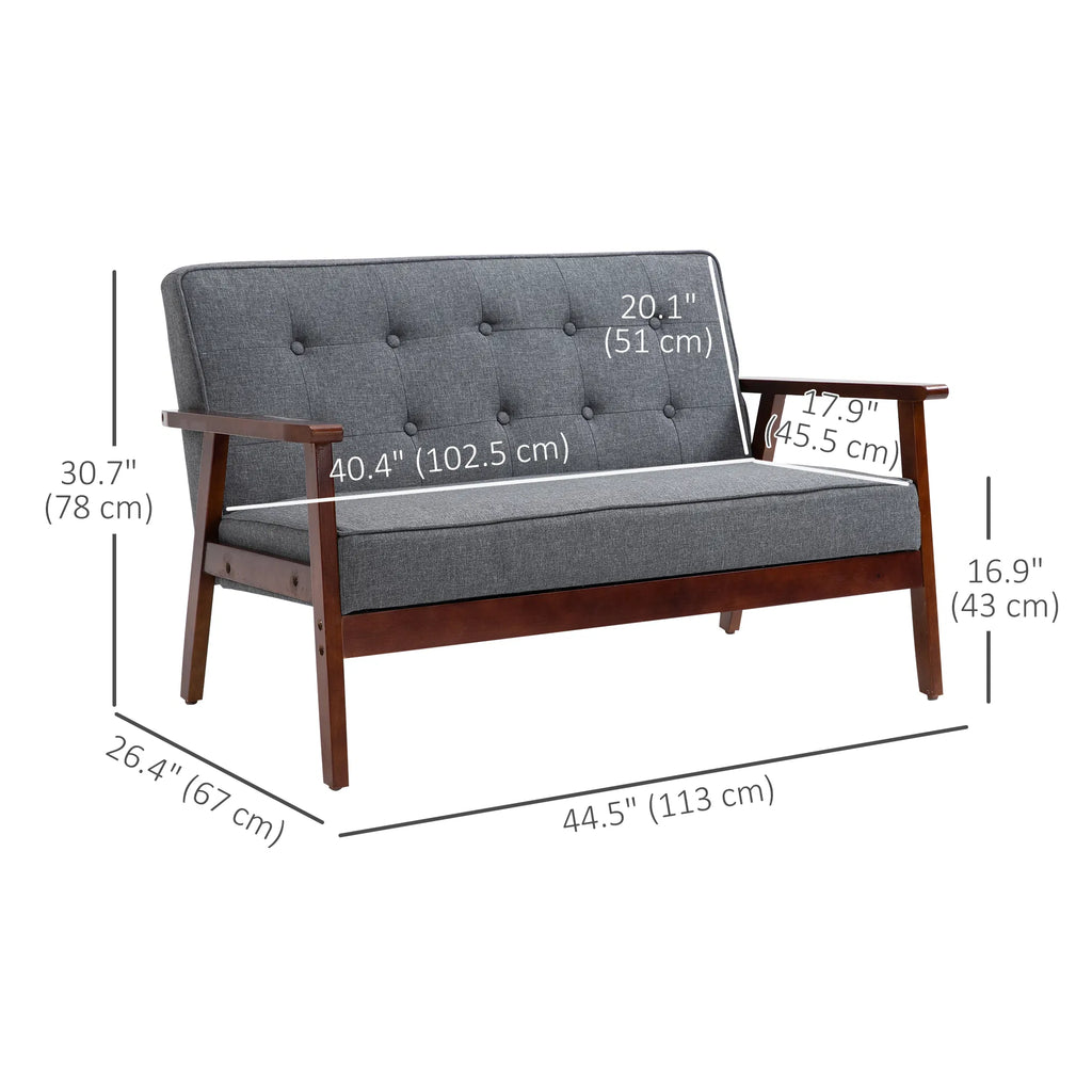 Tufted Loveseat with Wood Legs, 44.5 in, Grey