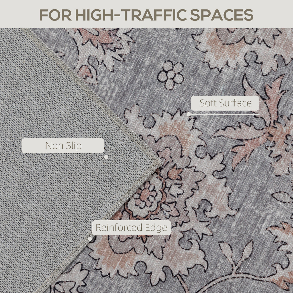 Washable Floral Area Rug, 5 x 7 ft, Grey and Brown