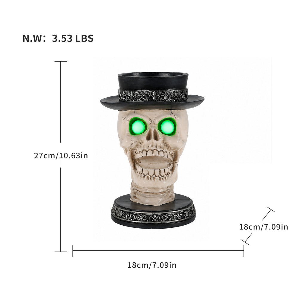 Open-Mouth Skull Candle Holder with Glowing Eyes and Top Hat