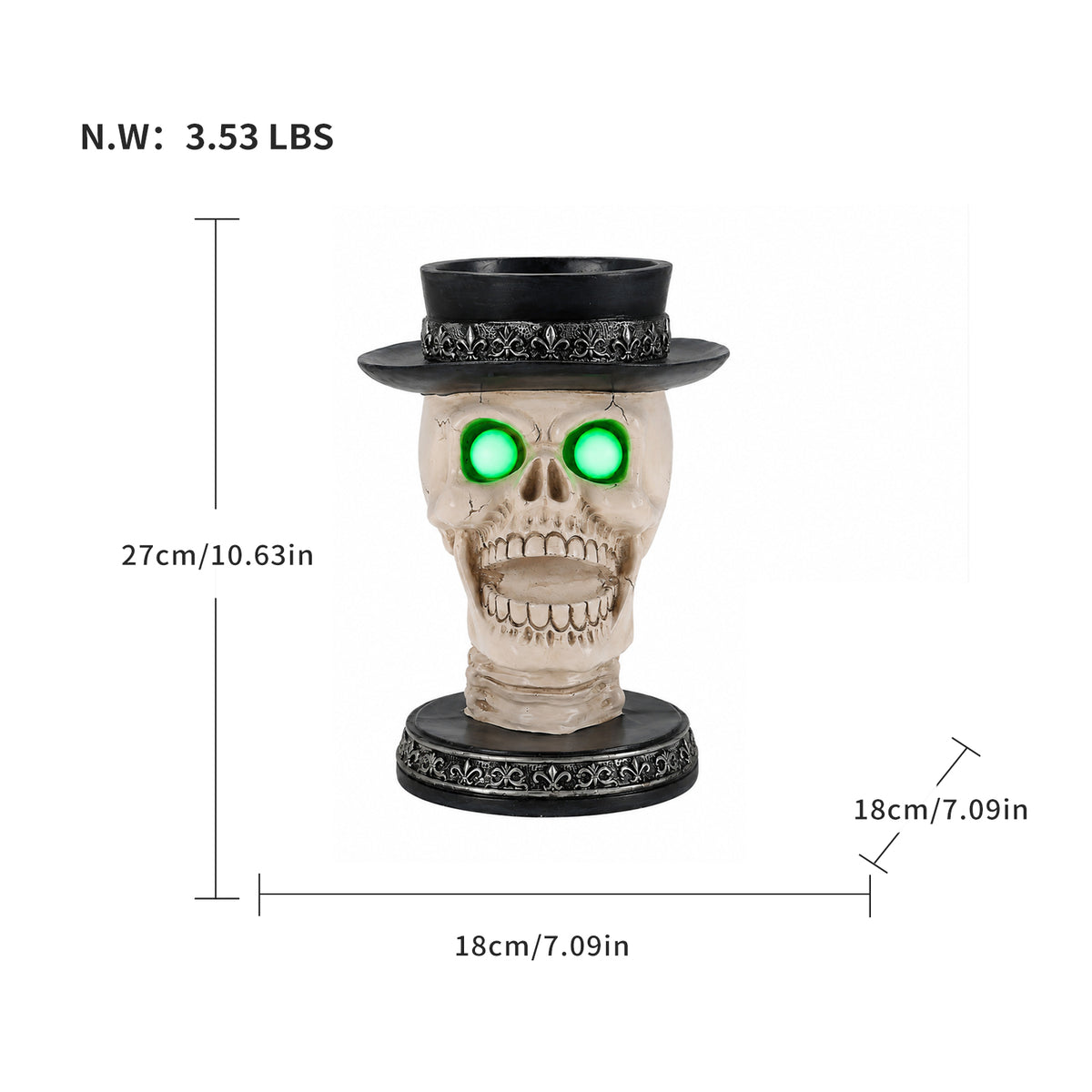 Open-Mouth Skull Candle Holder with Glowing Eyes and Top Hat