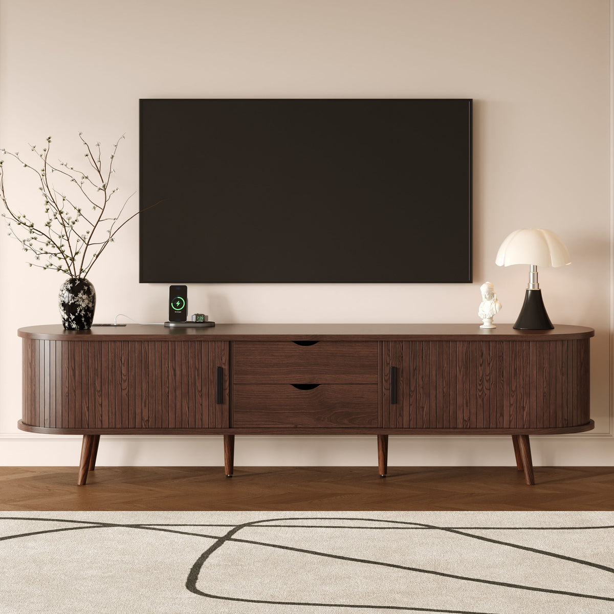 Mid-Century TV Stand with Tambour Doors, 70 in