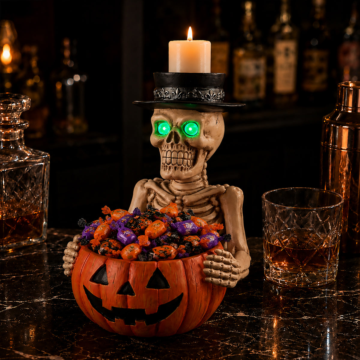 Halloween Skeleton Figurine with Pumpkin Candy Bowl and Candle Holder