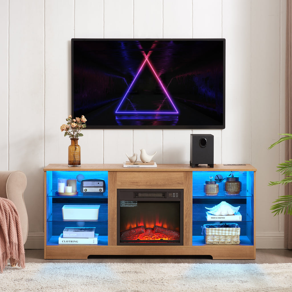 Electric Fireplace TV Stand with LED Lights, Oak