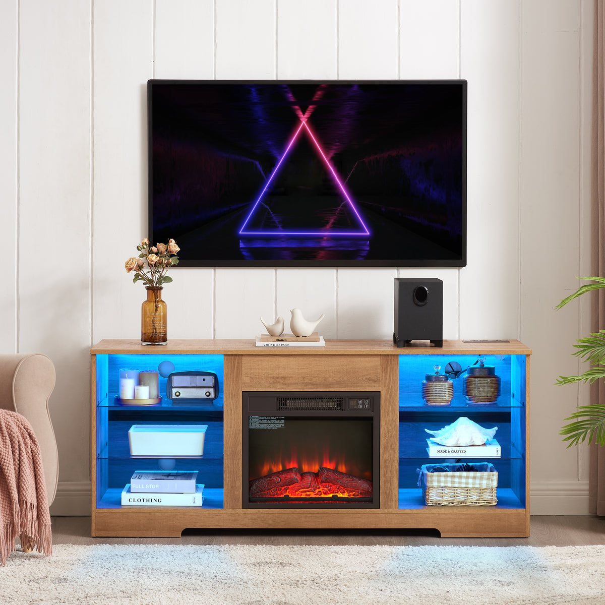 Electric Fireplace TV Stand with LED Lights, Oak