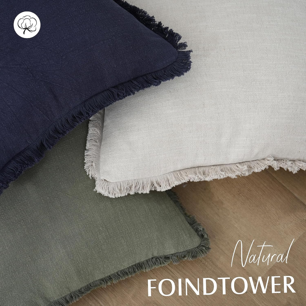 Linen Fringe Throw Pillow Cover, 18 x 18-Inch, Olive Green