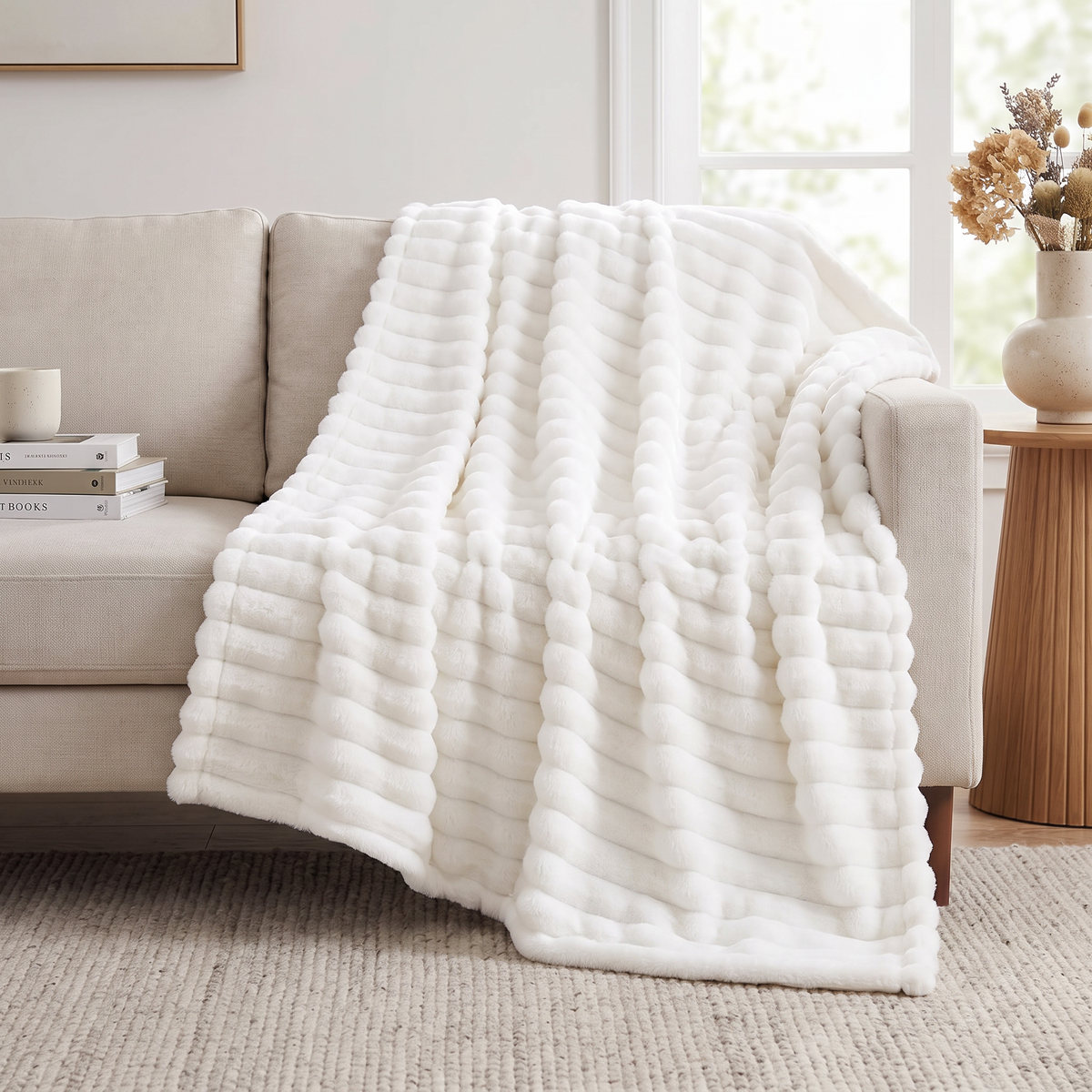 Soft fleece throw blanket draped over a sofa