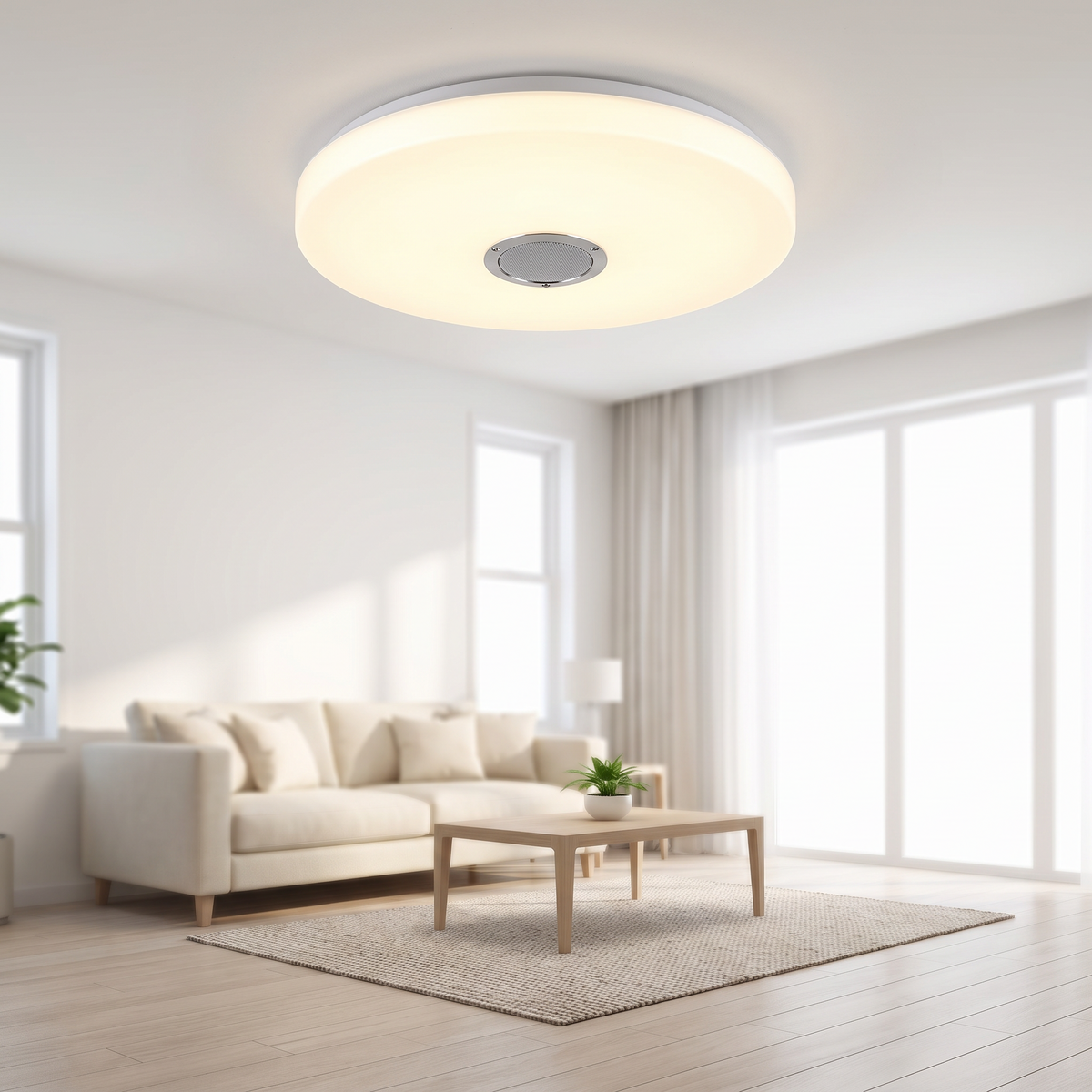 Multifunctional LED ceiling light in a bright living room