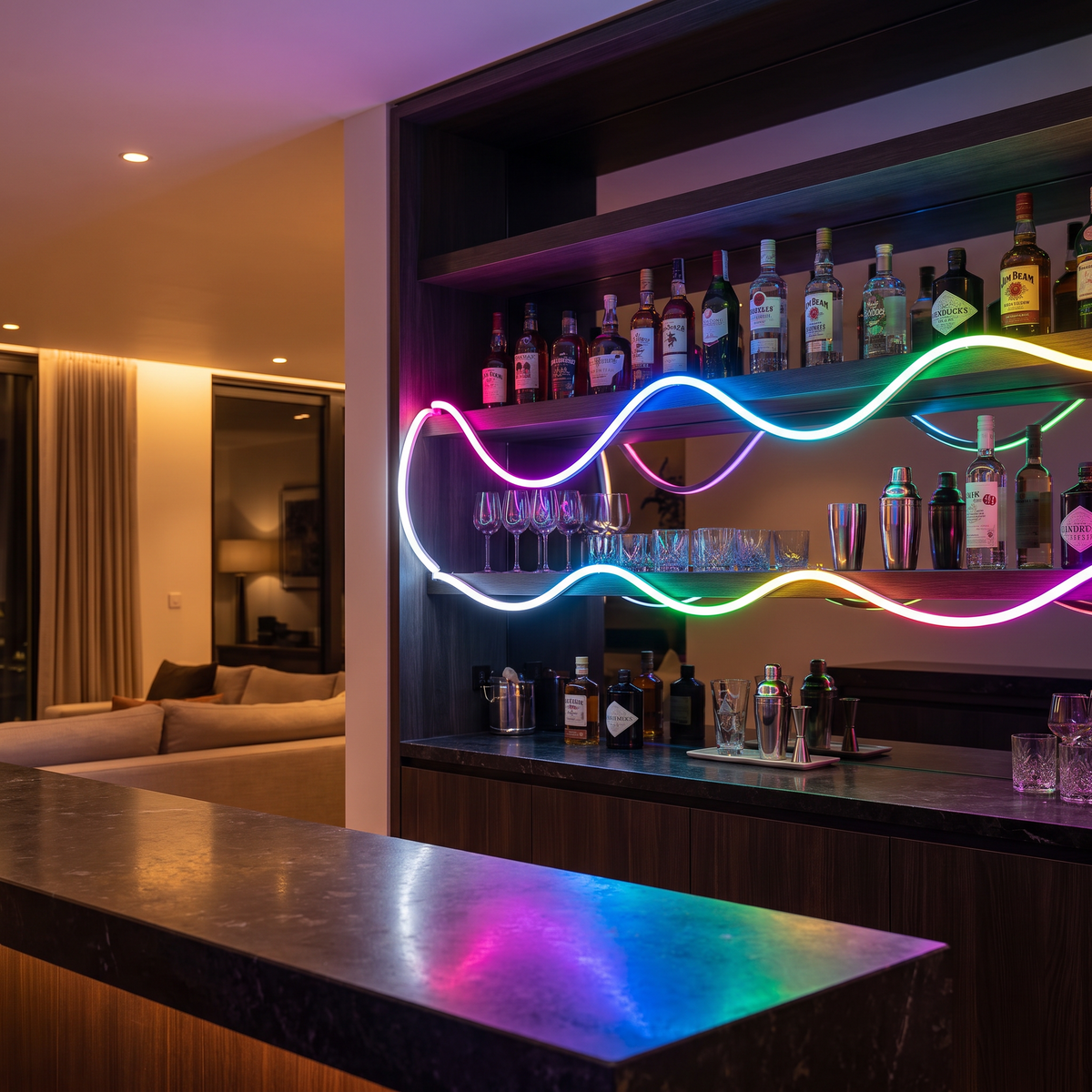 LED neon strip accent lighting in a modern home bar