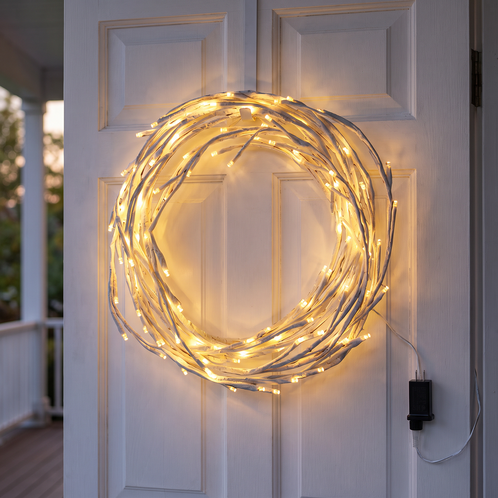 Birch flower wreath with lights on a front door