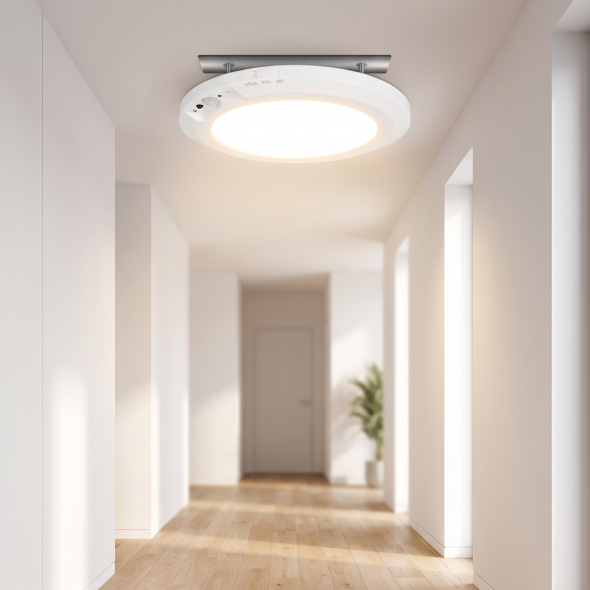 Rechargeable motion sensor ceiling light in a hallway