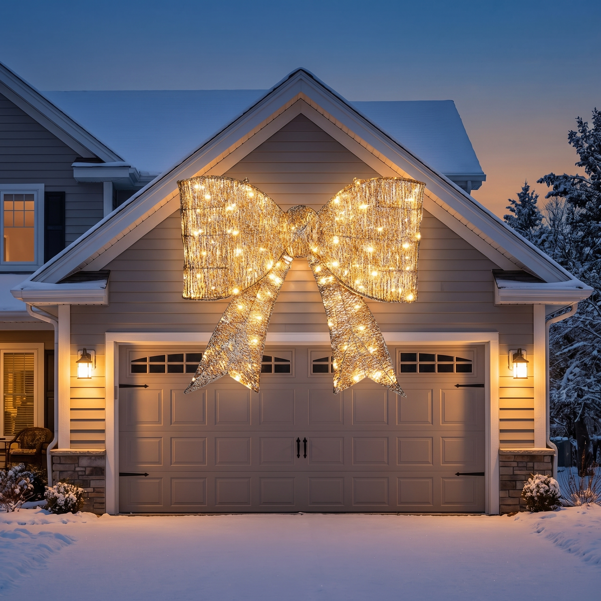 Lighted giant gold bow Christmas decoration above a garage at dusk