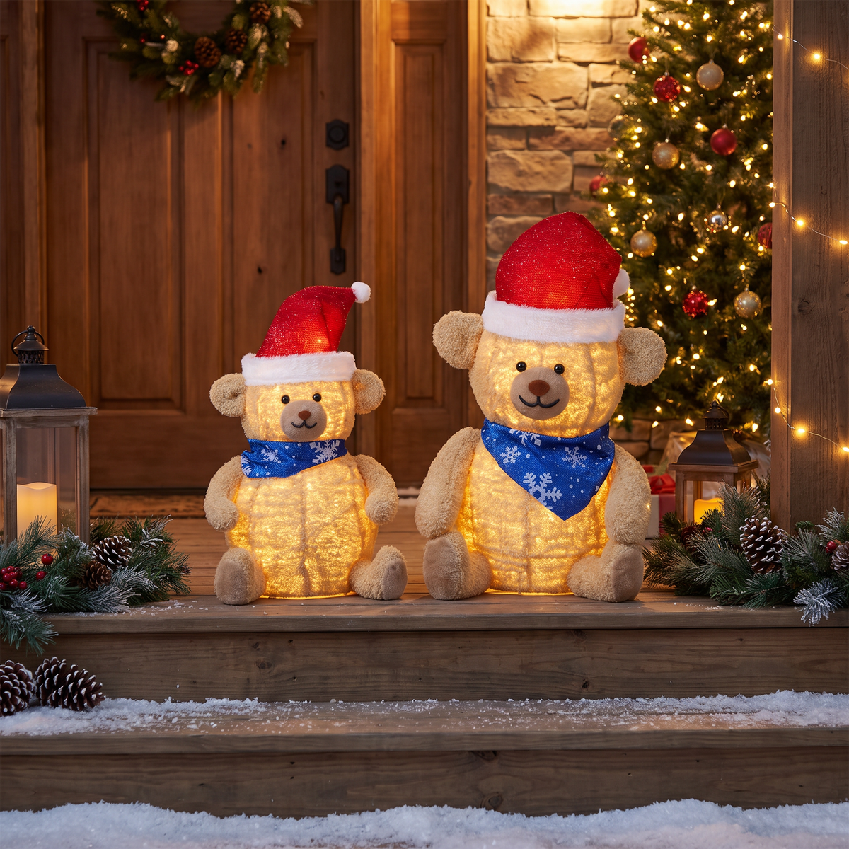 Lighted plush bear Christmas decorations on a porch