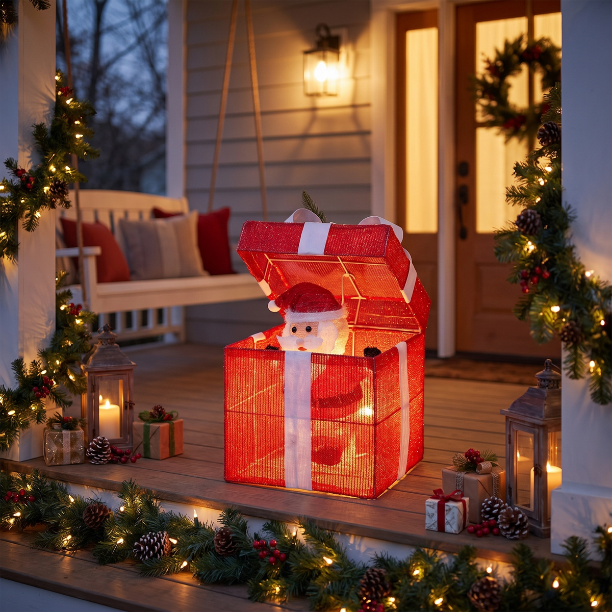 Pop-up Santa gift box Christmas decoration on a porch