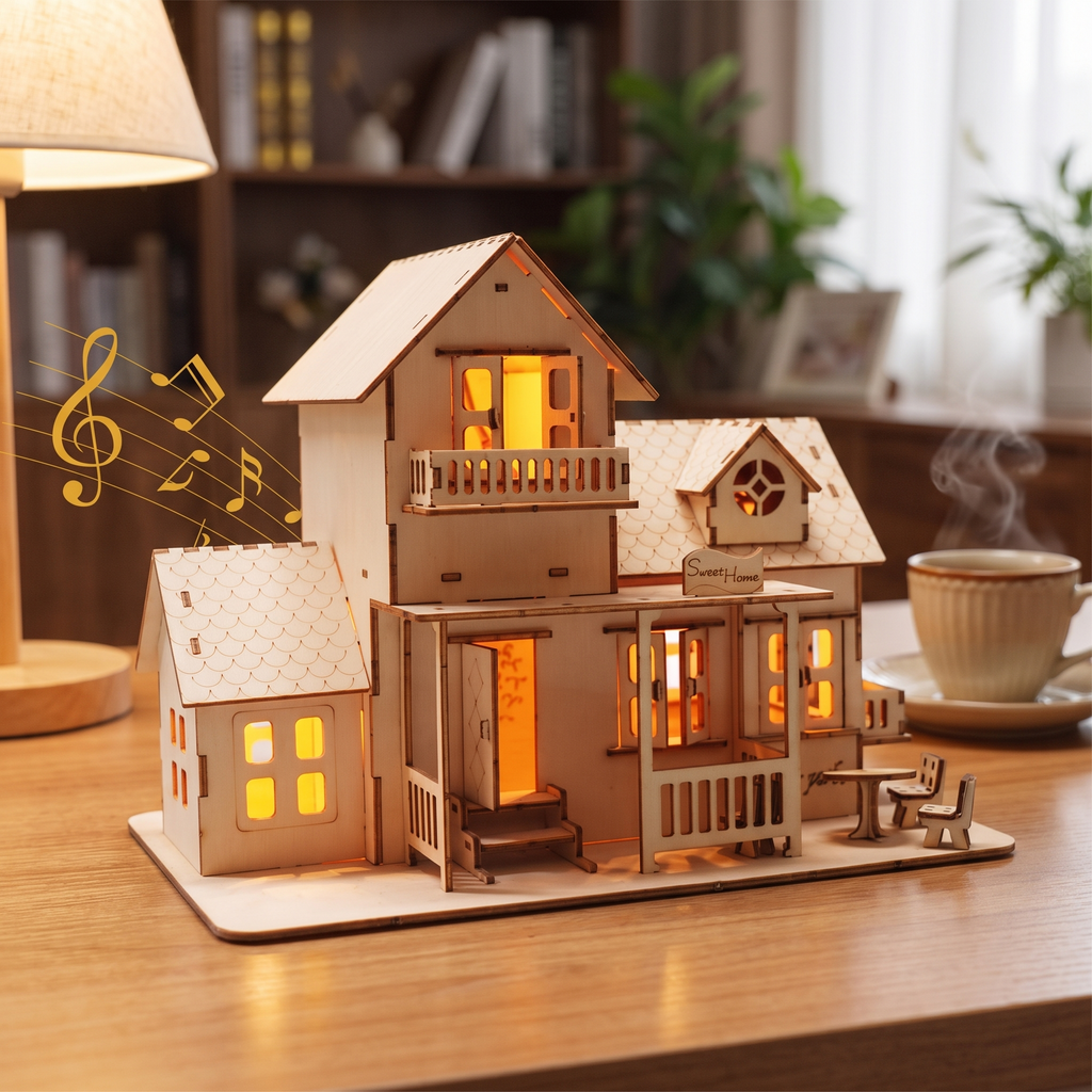 Wooden house puzzle music box on a desk
