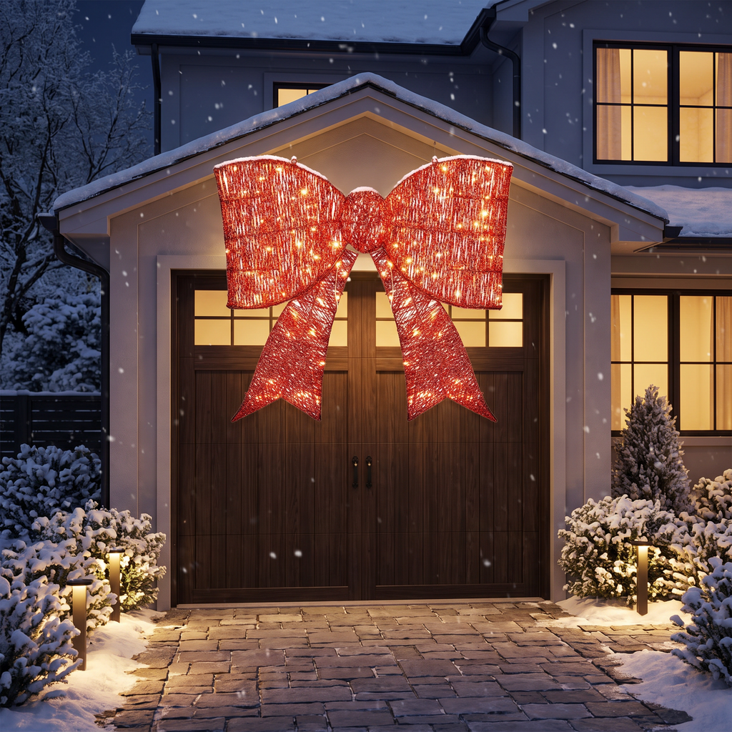 Lighted giant red bow above a garage door