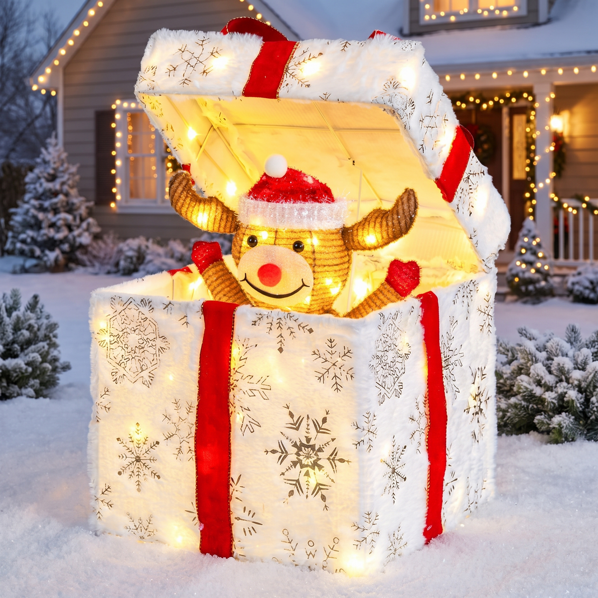 Pop-up reindeer gift box Christmas decoration in a snowy yard