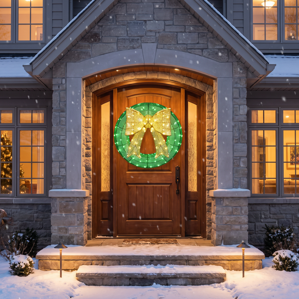 Pre-lit outdoor Christmas wreath on a home entrance at dusk