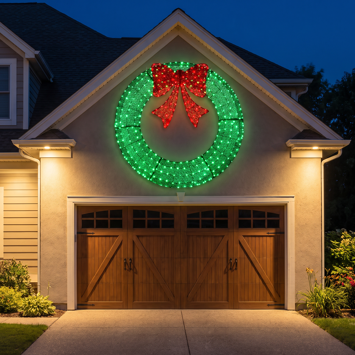 Large pre-lit green wreath above a garage at night