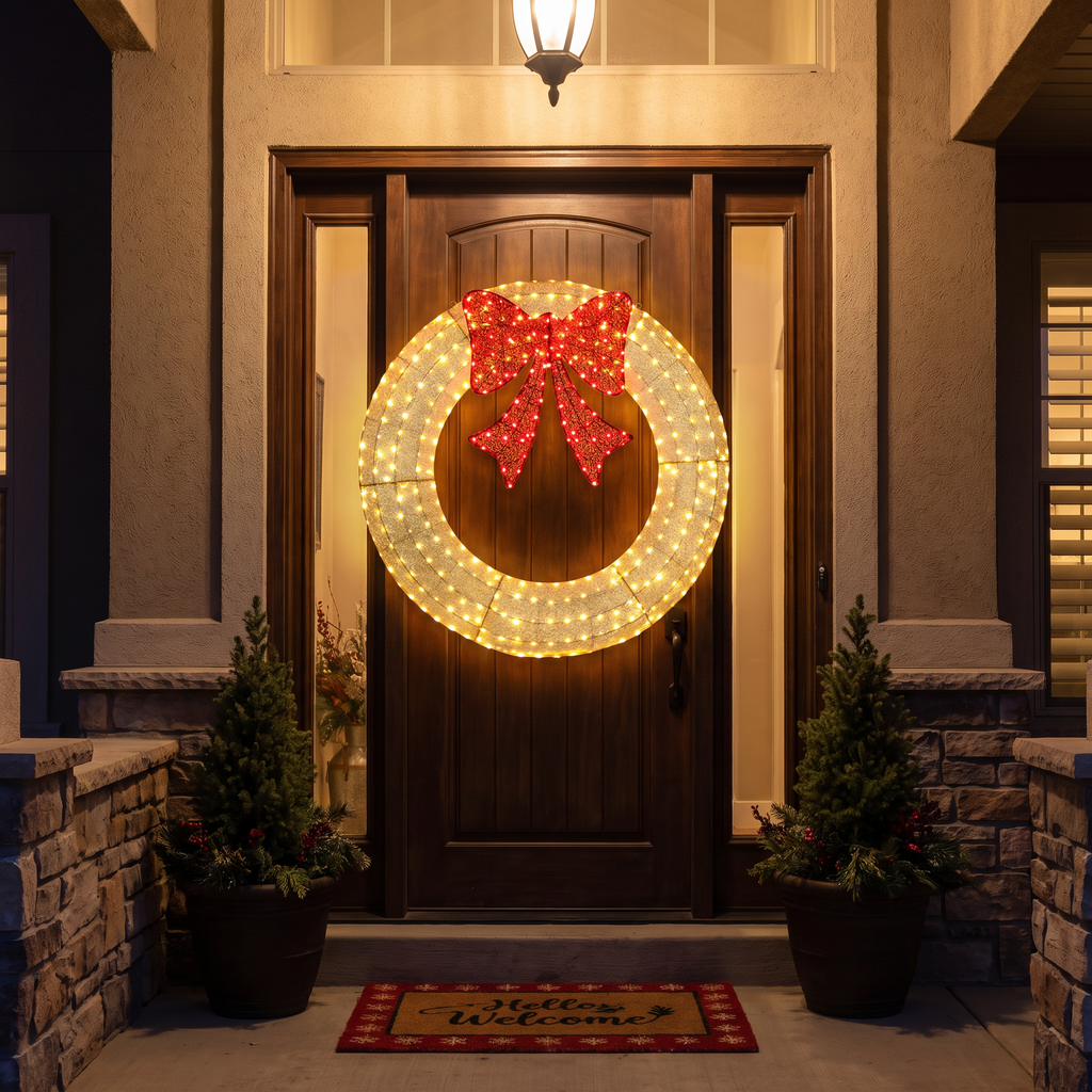 Large pre-lit gold wreath on a front door at night