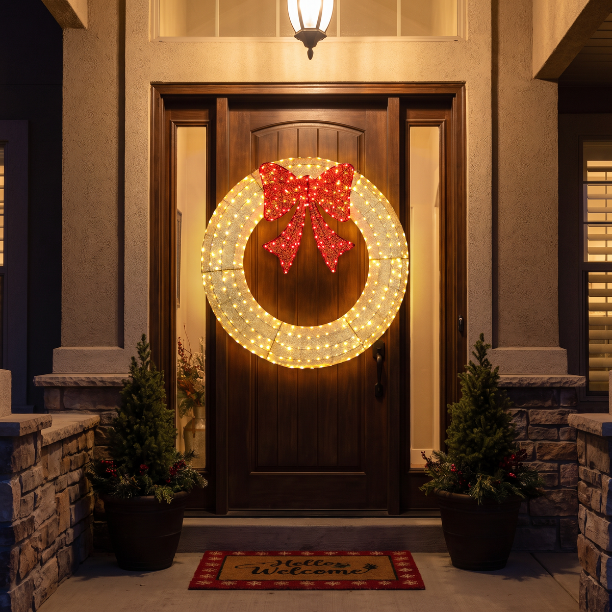 Large pre-lit gold wreath on a front door at night