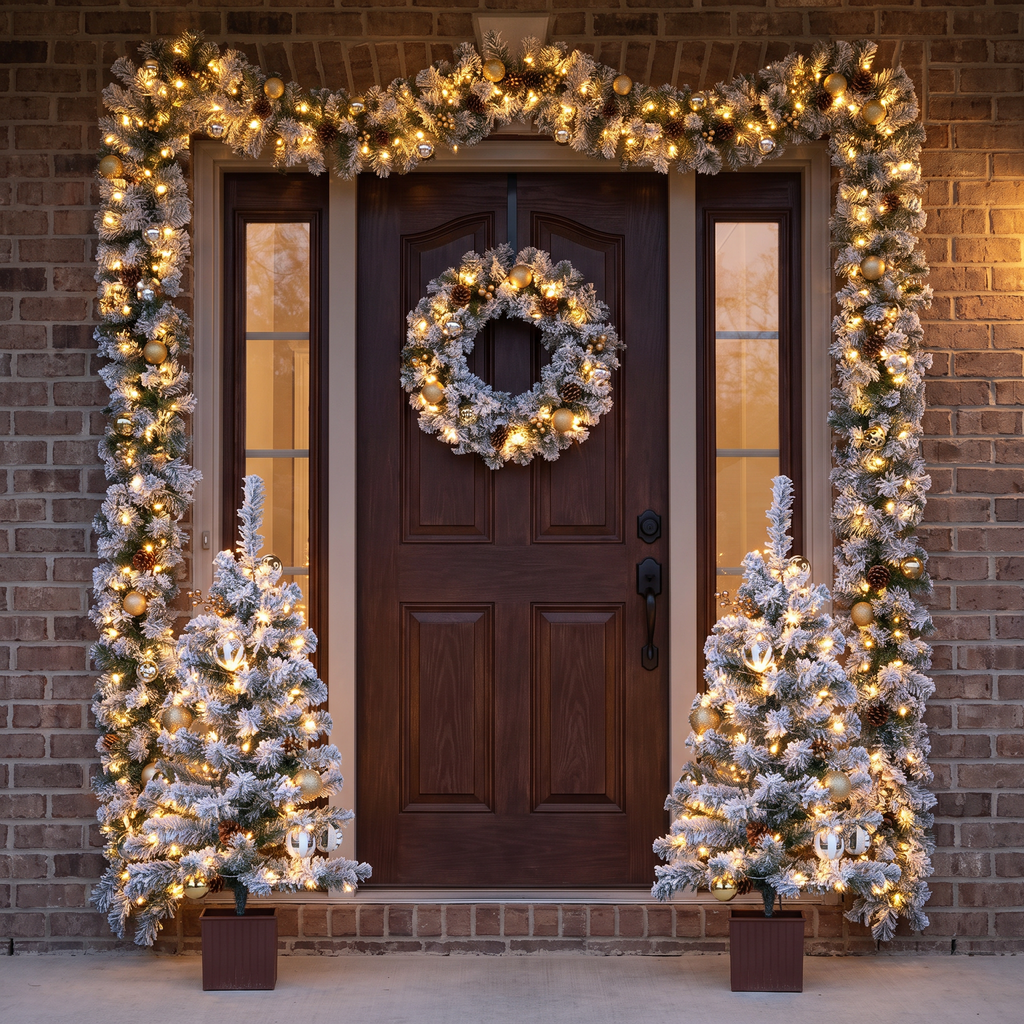 Pre-lit Christmas trees, wreath and garland set at a front door