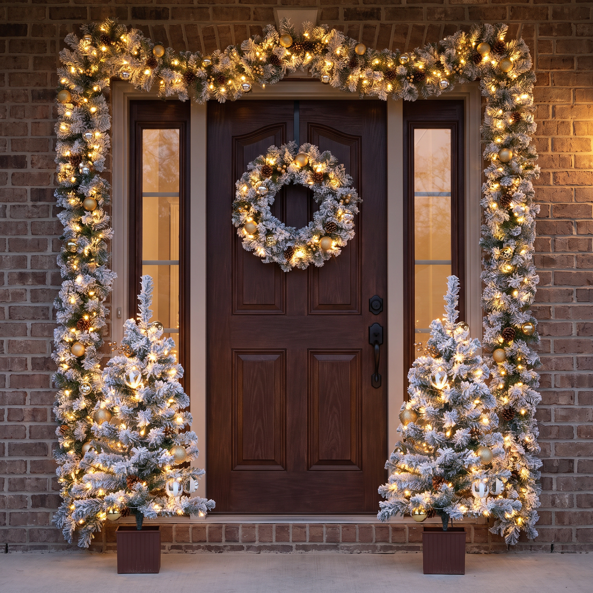 Pre-lit Christmas trees, wreath and garland set at a front door